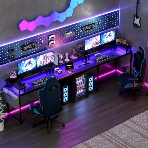 GarveeHome U Shaped Desk with Power Outlets & LED Lights, 79 in Reversible L Shaped Desk, Corner Computer Desk Office Desk with Full Monitor Stand, Black