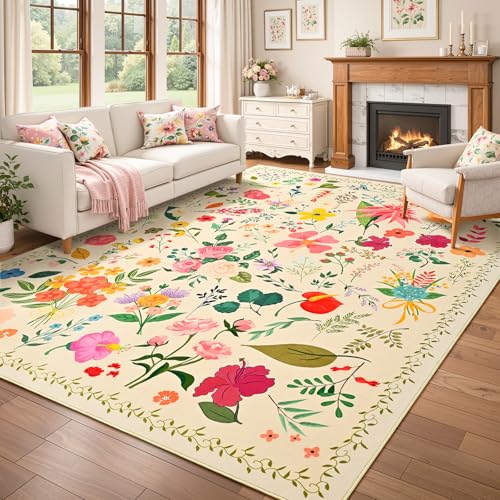 ISEAU Beige Rug for Bedroom 4x6 Area Rugs for Kids Room Dorm Rug, Non Slip | Floral Rug with Non-Slip Botton, Low-Pile and Washable Indoor Carpet for Playroom Nursery Dining Room Dorm Decor - color: Beige, size: 4ftx6ft