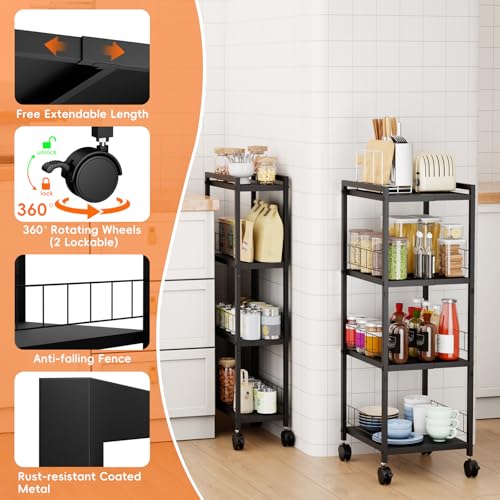 Expandable Slim Storage Cart with Wheels, 4 Tier Narrow Metal Rolling Utility Cart Organizer Adjustable Open Floor Shelving Unit for Small Spaces Bathroom Laundry Room Kitchen