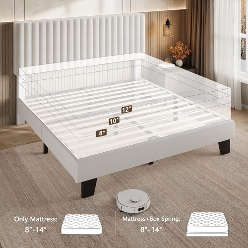Einhomn Queen Size Bed Frame with Headboard, Upholstered Velvet Platform Bedframe with Solid Wooden Slats, Noise-Free, No Box Spring Needed, Easy Assembly, White - color: White, size: Queen