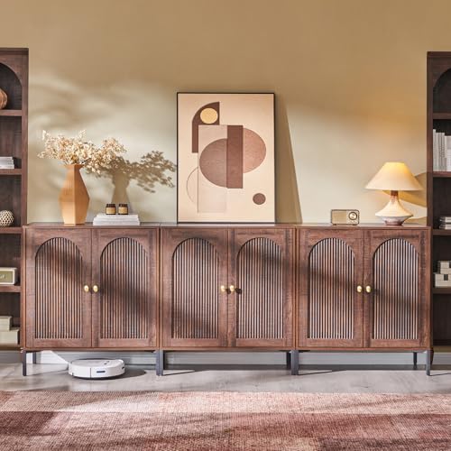 IFGET 92.63" W Modern Arched Sideboard Buffet Cabinet with Storage, Brown | Fluted Arch Sideboard Cabinet w/Adjustable Shelves, Wooden Modular Kitchen Cabinet for Dining& Living Room, Entryway - color: Brown, size: 3 Pieces