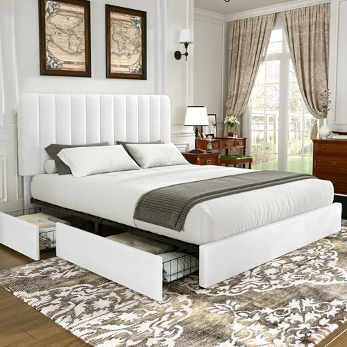 VECELO King Size Upholstered Bed Frame with 4 Drawers and Headboard, Velvet Platform Storage Bedframe, Wooden Slats Support, No Box Spring Needed,Snow-White - color: Snow-white, size: King (U.S. Standard), style: Bed Frame with Drawer