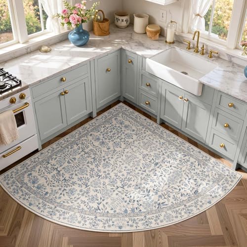 jinchan 5x5 Washable Corner Area Rug, Soft Floral Non-Slip, Blue/Cream | Low-Pile, Aesthetic Carpet for Entryway Bedroom Kids Room Kitchen College Dorm - color: Blue/Cream, size: 5' x 5' (Corner)