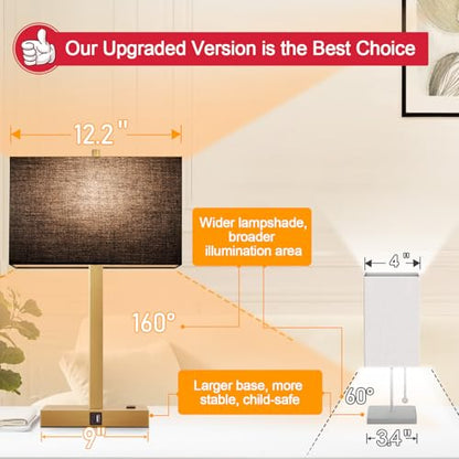 Lynnoland 21" Set of 2 Bedside lamp with USB A+C & AC Outlets, Touch Control 3-Way Dimmable Nightstand Lamps for Bedroom Living Room Office Reading, Black Shade Touch Lamps, 3000K LED Bulbs Included - color: (2 Pack)Black Line & Gold (Base)-2700K Bulbs In