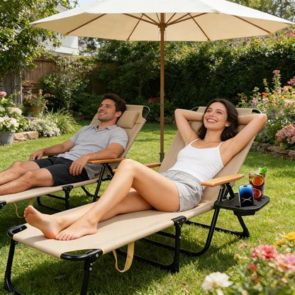 Beach Lounge Chair, Folding Outdoor Chaise Lounge Chair with Arms, 4-Position Backrest, Extended Sun Tanning Chair Pillow & Cup Holder, Patio Lounger for Outside for Beach Pool Patio Yard (Beige) - color: Beige