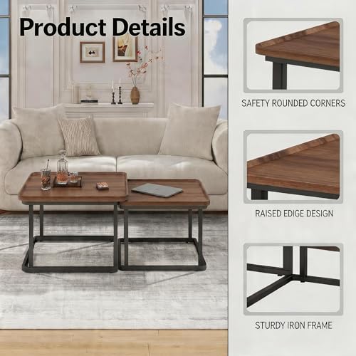 Nesting Coffee Table Set of 2 – Square Small Coffee Tables for Living Room, Bedroom, Balcony, Versatile End Table Set,Space Saving Mid Century Modern Nesting Coffee Tables Stackable, - color: Walnut