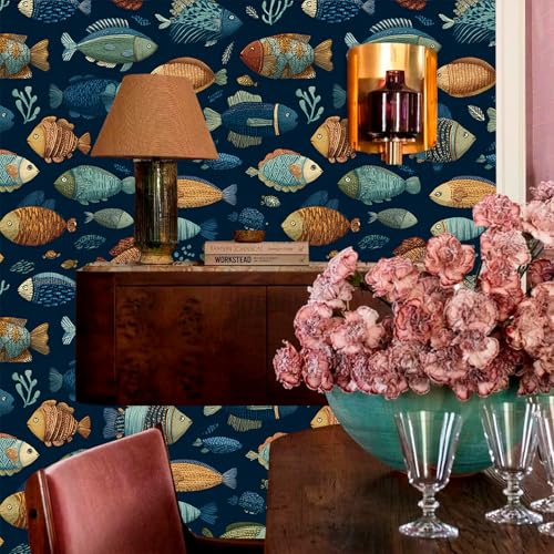 Deep Navy Blue Background Whimsical Underwater Tropical Fish Peel and Stick Wallpaper Easy Peel Off Contact Paper Stick on Adhesive Wall Paper for Bathroom Waterproof Renter 17.71"x118.1" - color: LD-143a, size: 17.7" x 118"