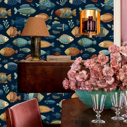 Deep Navy Blue Background Whimsical Underwater Tropical Fish Peel and Stick Wallpaper Easy Peel Off Contact Paper Stick on Adhesive Wall Paper for Bathroom Waterproof Renter 17.71"x118.1" - color: LD-143a, size: 17.7" x 118"