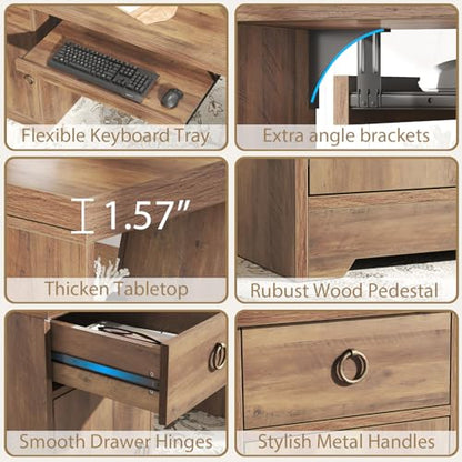 HSH Office Desk with Drawers, Farmhouse Computer Desk with Keyboard Tray | 55 Inch Rustic Wood Work Study Writing Pc Executive Table Studio Desks Home Workstation with Storage Shelves and Cabinet - color: Rustic Oak