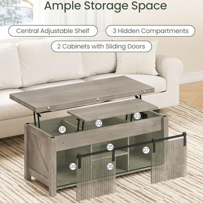 Lift Top Coffee Table, 4 in 1 Convertible Coffee Table, Farmhouse Coffee Tables, with Hidden Compartments, with Sliding Doors, for Living Room, Apartment, Greige MKF01FH - color: Greige