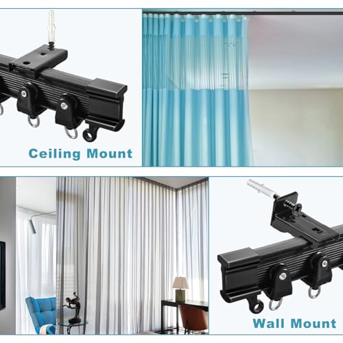 KOLAKO Ceiling Curtain Track, Flexible Bendable Curtain Rails Ceiling Wall Mount 12Ft Curved Sliding Curtain Track System, Room Divider, Black Ceiling Track Set for Shower Rv - color: Black, size: 12Ft