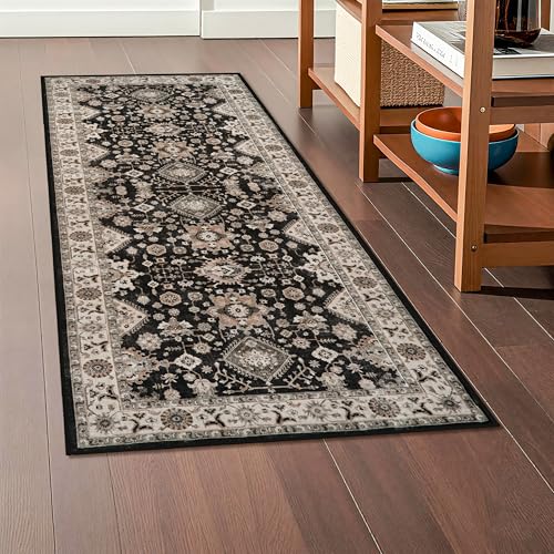 Washable Hallway Runner Rug 2x5: Non Slip Runner Rugs with Rubber Backing | Soft Kitchen Rug Farmhouse Distressed Carpet Runner for Living Room Bedroom Bathroom - Black Throw Rug Stain-Resistant Thin - color: Black, size: 2' x 5' (Rectangular)