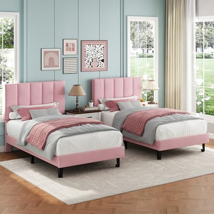 Garvee Twin Size Bed Frame with Upholstered Headboard for Kids, Pink | Fully Velvet Upholstered Mattress Foundation with Height Adjustable Headboard, No Box Spring Needed, Easy Assembly - color: Pink, size: Twin