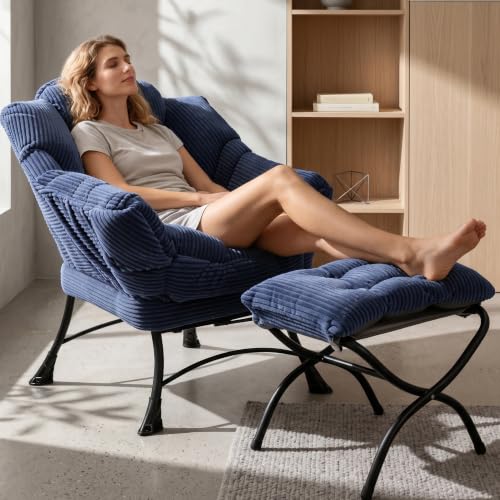 Lazy Chair with Ottoman, Modern Skinny Lounge Chair with Footrest | Foldable Footrest, Padded Seat & Backrest, Side Pocket Comfy Accent Reading Chair for Living Room & Small Spaces, Navy Blue - color: Navy Blue