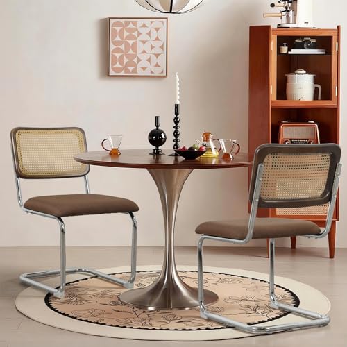 Rattan Dining Chairs Set of 4,Linen Cesca Chair Kitchen Chair,Coffee2 | VICBARLEY Mid Century Modern Dining Chairs,Wood Cane Backrest&Chrome Base,Upholstered Side Chair for Dining Room,Kitchen - color: Coffee2, size: Set of 4