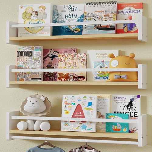 MXCSE Nursery Floating Bookshelf for Kids, Wall Mounted Kids Book Shelf with Toy Storage, Pine Wood Nursery Shelves for Playroom, Bedroom, Toddler Room, Set of 3 (White & Wooden, 16 in) - color: White & Wooden, size: 16 In