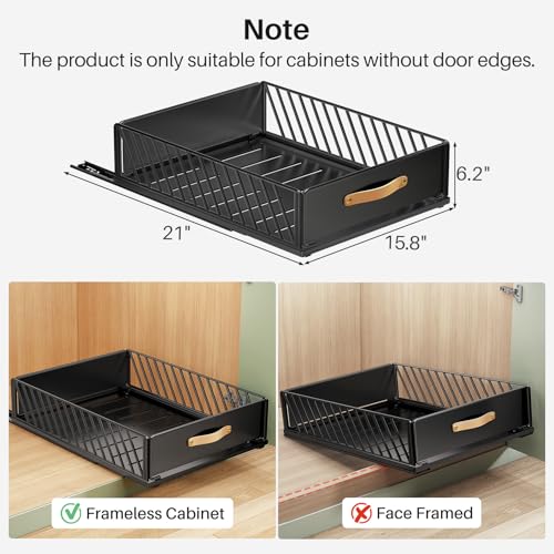 Pull out Cabinet Organizer,Heavy Duty Slide out Pantry Shelves Drawer Storage with Adhesive Nano Film,Sliding Mesh Cabinet Basket with Handle for Kitchen, Bathroom, Home, 15.8"W X 21"D X6.2"H,Black - color: Black, size: 15.8"Wide-21"Deep (1Pack)