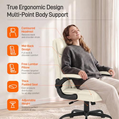 Office Chair, Executive Mid-Back Computer Desk Chair with Flip-up Armrests | 300 Lbs Ergonomic Leather Swivel PC Chair with Rock Function for Working Studying (Creamy White) - color: Creamy White