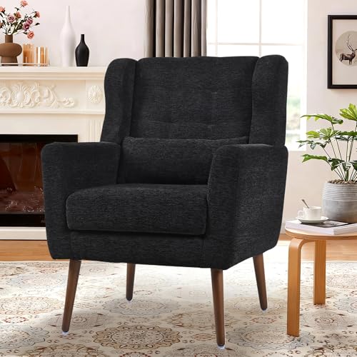Modern Accent Chair, Upholstered Armchair with Pillow, Fabric Single Sofa Chair with Lounge Seat Solid Wood Legs Accent Chair for Living Room Bedroom Small Spaces(Black) - color: Black, size: Set of 1