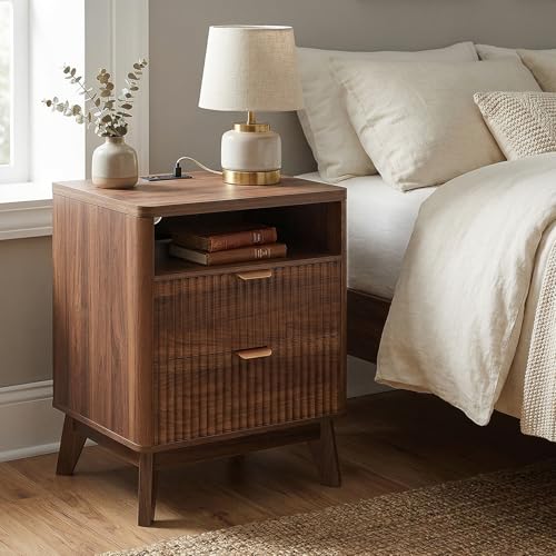 LYNCOHOME Fluted Nightstand with Charging Station, 19.7 inch Wide End Table with 2 Drawers, Modern Wood Bedside Table for Bedroom,Brown,1 Pcs - color: Walnut, size: 15"D x 19.7"W x 25.5"H（2 Drawers）