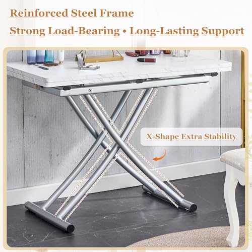 Adjustable Height Coffee Table, Folding Dining Table, White&Sliver | Convertible lift top table for use as a coffee table, dining table, home office desk or vanity - color: White & Sliver Legs