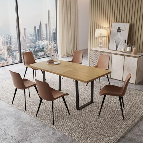 Mid-Century Extendable Dining Table Set, 51"-67", 6 Upholstered Chairs - color: Table With 6 Brown Chairs, size: 51"-67"