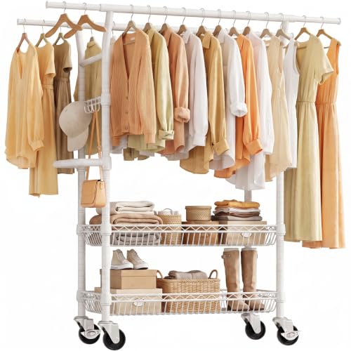 SOLEDI Heavy-Duty Clothes Rack, 1000 LBS clothing rack with wheels Load Capacity Double Rod Clothing Rack with Shelves & Lockable Wheels, Suitable for Bedroom, Entryway, Living Room & Garage (white) - color: White