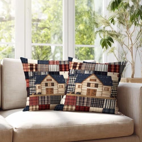 Farmhouse Throw Pillow Covers 18x18 Inches Set of 2 | Rustic Lodge Cabin Cushion Cases | Woodland Plaid Patchwork Print Pillowcases for Couch Sofa Bed | Winter Cozy Home Decor - color: Lodge Cabin