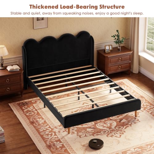 Garvee Full Size Upholstered Platform Bed Frame, Scalloped Wave Tall Headboard, Chenille Wingback Design, Wood Slat Support, No Box Spring Needed, Easy Assembly, Black | Scalloped Wave Tall Headboard, Wood Slat Support, No Box Spring Needed, Easy Assembly