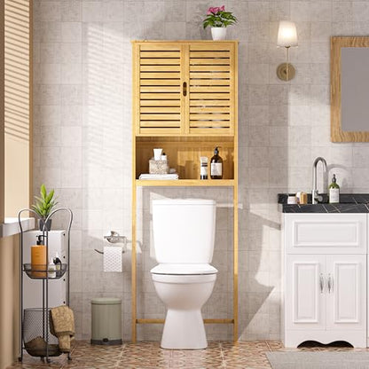 Yardenaler Over-The-Toilet Storage Shelf with Doors, Bathroom Freestanding Bamboo Organizer Space Saver with Adjustable Shelf, Natural - color: Natural