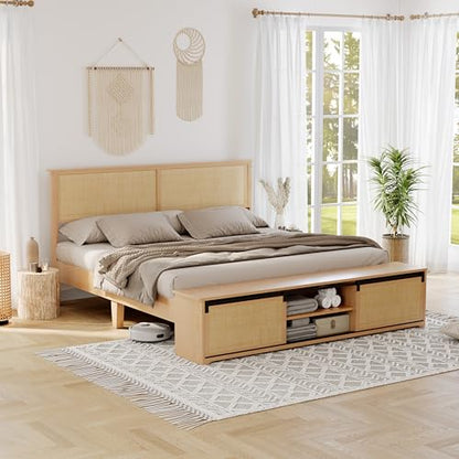 GarveeHome Natural Rattan King Size Bed Frame with Storage Cabinets | Cabinet with Sliding Barn Door, LED Light Headboard, Solid Wood Legs Support, No Box Spring Needed - size: King