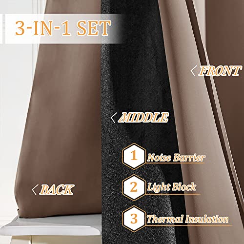 RYB HOME Noise Reducing Curtains, 3 Layers Total Blackout Curtains | Thermal Insulated, Energy Efficiency Heavy Duty, Grommet, For Kids Room Studio Bedroom, W52 x L63, Mocha, 2 Panels - color: Mocha, size: 52"W x 63"L (Pack of 2)