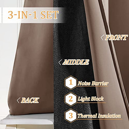 RYB HOME Noise Reducing Curtains, 3 Layers Total Blackout Curtains | Thermal Insulated, Energy Efficiency Heavy Duty, Grommet, For Kids Room Studio Bedroom, W52 x L63, Mocha, 2 Panels - color: Mocha, size: 52"W x 63"L (Pack of 2)
