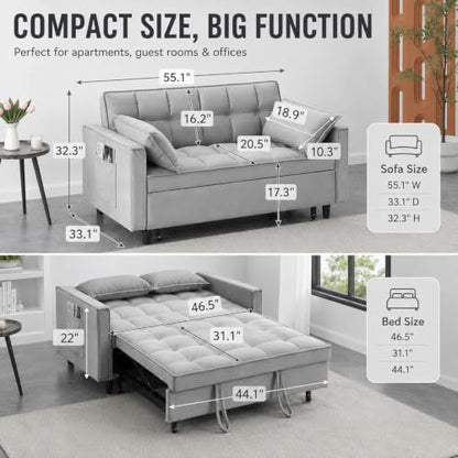 3 In 1 Velvet Convertible Sofa Bed, Pull Out Couch Bed with Reclining Backrest And 2 Pillows, 54" Full Size Loveseat Sleeper Sofa Futon Couch Bed, Couches For Small Spaces, Living Room (Silver Grey) - color: Silver Grey