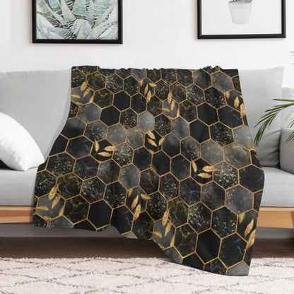 Marble Throw Blanket Black Honeycomb Grid Golden Leaves Pattern Soft Lightweight Warm Plush Blankets for Sofa Bedroom 50"x60" - color: Marble-10, size: 50"x60"