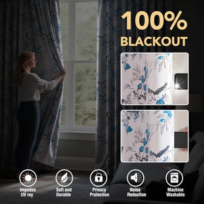 H.VERSAILTEX 100% 암막 꽃무늬 커튼 243.8cm(96인치) 길이 2패널 빈티지 커튼 빛 차단 단열 그로밋 커튼 드레이프 침실 거실용 새 패턴, 블루/블랙 - color: 블루/블랙., size: 52"W x 96"L (Pack of 2)
