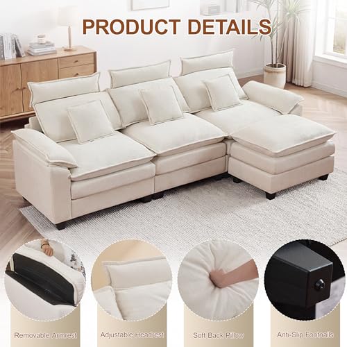 103'' Modular L Shaped Sofa, Cloud Deep Seat Sofa Couch with Ottoman, Detachable Headrest, 3 Seater Sectional Sofas for Living Room, Apartment, Studio, Beige - color: Beige, size: L Shaped Couch