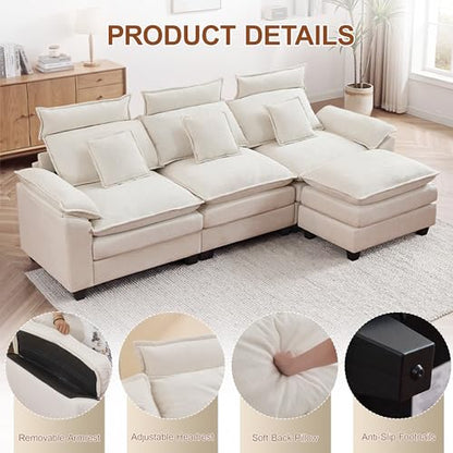 103'' Modular L Shaped Sofa, Cloud Deep Seat Sofa Couch with Ottoman, Detachable Headrest, 3 Seater Sectional Sofas for Living Room, Apartment, Studio, Beige - color: Beige, size: L Shaped Couch