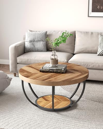 LITTLE TREE Round Coffee Table, 32" Circle Coffee Tables for Living Room | 2-Tier Wood Accent Center Table with Open Storage Industrial Design Home Furniture (Wood Grain and Black) - color: Wood Grain and Black