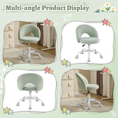 VINGLI Small Vanity Chair with Faux Fur Wheels for Girls,Cute Adjustable Height Armless Office Desk Chair,360°Swivel Comfy Rolling for Study,Make up Room,Small Space,Mint Green - color: Furry Mint Green