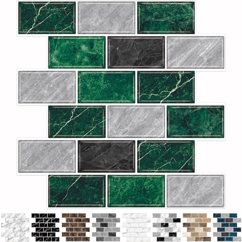 URCOLOR 10-Sheet Peel and Stick Backsplash Tile for Kitchen,12"x12" Self Adhesive Wall Tiles Stick on Back Splashes for Bathroom Green Marble Look - color: Green