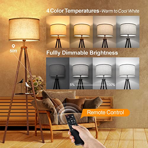 OUTON Wood Tripod Floor Lamp with Shelves, Mid Century LED Modern Dimmable Floor Lamp with Remote Control, Sturdy Tall Standing Lamp with Beige Linen Texture Shade for Living Room, Bedroom, Office - color: Walnut