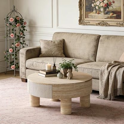 31.5" Round Coffee Table with Flip Top & Fluted Drawer for Living Room, Modern Circle MDF Wooden Center Table Tea Table for Apartment, Hidden Storage, Beige - color: 31.5" Round Coffee Table With Flip Top,beige