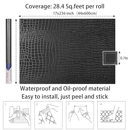 Arthome 17"×240" Black Crocodile Peel and Stick Wallpaper,Charcoal Black Alligator Textured Contact Paper Self-Adhesive Waterproof Embossed Easy Peel Off Wallpaper for Cabinet Bedroom Bathroom - color: Leather, size: 17" x 240"