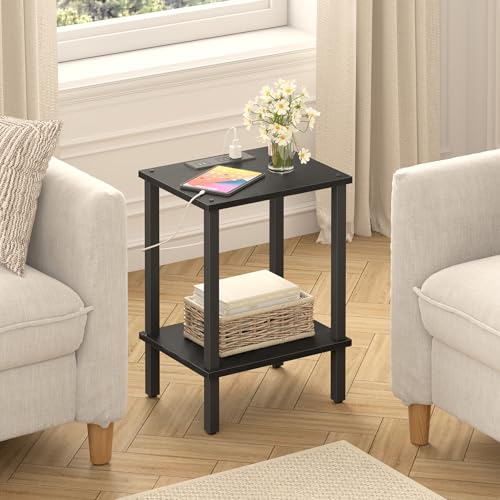 TUTOTAK End Table with Charging Station, Side Table Set of 2, Nightstand | 2-Tier Storage Shelf, Bedside Table with USB Ports, Sofa Table for Small Space, Livingroom, Bedroom Black TB01BK041 - color: Black
