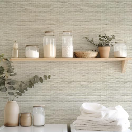 HueBurst Grasscloth Peel and Stick Wallpaper 17.3" x 197" Renter Friendly, Cream Textured Grassweave Wallpaper Self Adhesive Removable for Bathroom Bedroom - color: Cream, size: 17.3" x 197"
