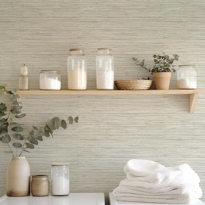 HueBurst Grasscloth Peel and Stick Wallpaper 17.3" x 197" Renter Friendly, Cream Textured Grassweave Wallpaper Self Adhesive Removable for Bathroom Bedroom - color: Cream, size: 17.3" x 197"