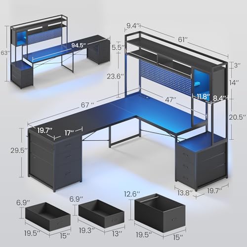 SEDETA Reversible L Shaped Gaming Desk with 6 Drawers, Hutch, Led Lights | Computer Corner Desk with File Drawer, Storage Shelves for Home Office, Gaming Two Person Desk with Power Outlet, Black - color: Black