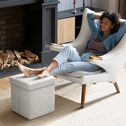Sorbus Teddy Fabric Storage Cube - 15 Inch Foldable Multipurpose Ottoman, Cozy Foot Rest, Sofa Storage, Stool for Living Room, Bedroom, Dorm, Kids Room - Small Ottoman with Lid - color: White