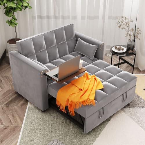 Convertible Sofa Bed,3-in-1 Multi-Functional Velvet Sleeper Couch Pull-Out 48'' Loveseat Bed Chaise Lounge with Adjustable Backrest and Pillows,Hidden Side Table for Living Room,Small Space Grey - color: 3-in-1 Grey Velvet 2 Seater